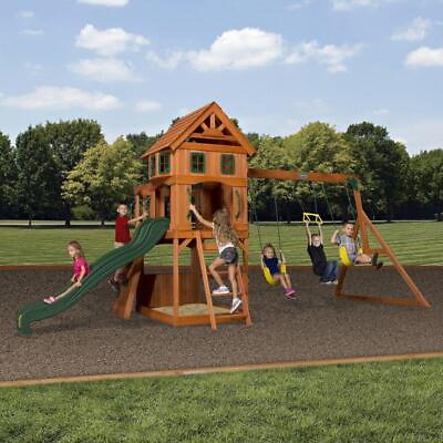 #ad Outdoor Wooden Swing Set Toy Playhouse PlaySet with Slide Rock Wall All Cedar