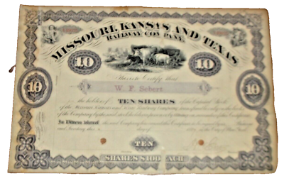 #ad 1889 MISSOURI KANSAS TEXAS RAILWAY MKT CAPITAL STOCK TEN SHARE CERTIFICATE