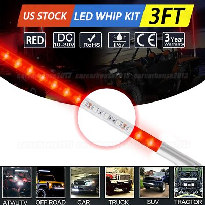 #ad 3ft 0.9M LED Lighted Antenna Whip Flag Red for Jeep ATV UTV RZR Off Road Polaris
