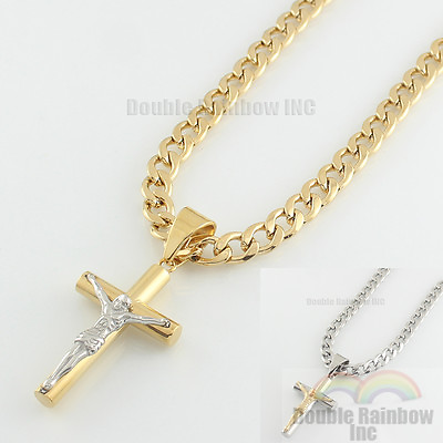 Mens stainless steel Gold Silver Plated cuban jesus cross pendant necklace chain