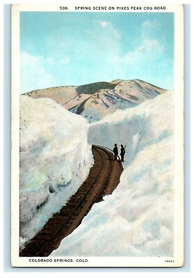 #ad c1930#x27;s Spring Scene On Pikes Peak Cog Road Winter Colorado Springs CO Postcard