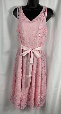 #ad Lace Sundress Womens Size XL Pink Lined Fit amp; Flare V neck Midi Summer Dressy