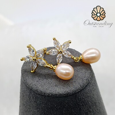 #ad 14ct Seawater Pearl Dangle Drop Earrings Plated Gold Crystal Akoya Birthday