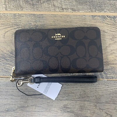 #ad Coach Long Zip Around Wallet Signature Canvas Leather C4452 Brown Black — New