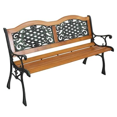 #ad 49quot; Garden Bench Outdoor Patio Park Chair Furniture Hardwood Slats Cast Iron Fra