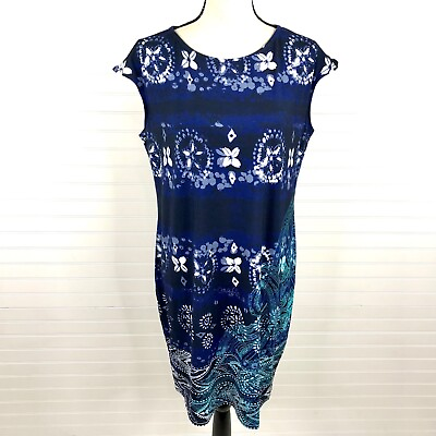 #ad Chicos 2 Womens Short Shift Dress Blue Floral Size L Cap Sleeves Knit Stretch