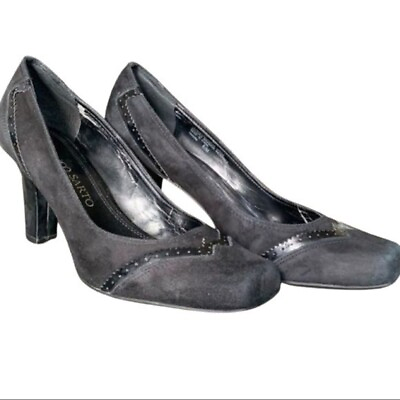 #ad Franco Sarto Black Vintage Block Heel Suede Patent Leather Detail Size 6 1 2