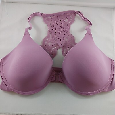 #ad George Purple Padded Bra 36C Front Closure Lace X Back Soft New a16
