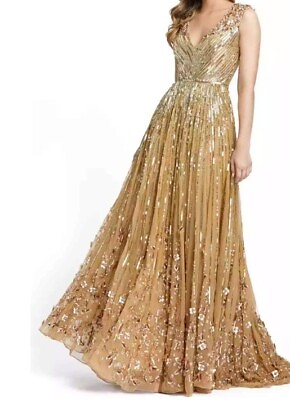 #ad Mac Duggal Sz 4 Dress 5223 Champagne Gold Sequin Embellished A Line Formal Gown
