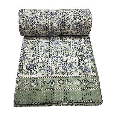 #ad Indian Hand Block Print Single Size Cotton Kantha Quilt Throw Blanket Bedspread