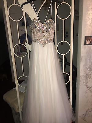 #ad Terani Couture Beaded Tulle Maxi Gown Dress 2 4 White Nude prom quinceanera
