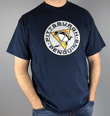 #ad Pittsburgh Penguins T Shirt Navy Blue Vintage Tek Patch