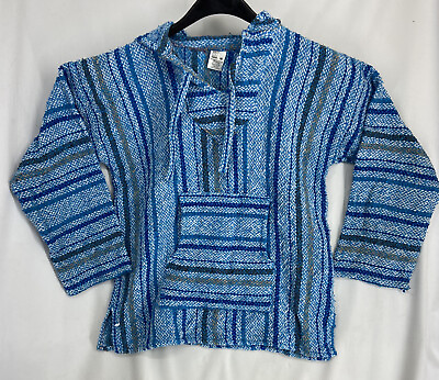 Artesanias Cuamatzi Mens Blue Hooded Baja Beach Pullover Boho Sweatshirt Size M $16.96