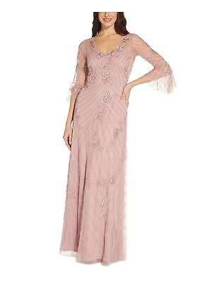 #ad ADRIANNA PAPELL Womens Pink Bell Sleeve V Neck Full Length Evening Gown Dress 4
