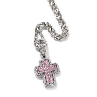 #ad Hip Hop Fashion T Square Zirconia Pink Cross Necklace Simple
