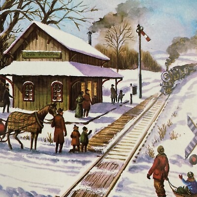 #ad Vintage Mid Century Christmas Greeting Card Waiting For The Train Horses Kids