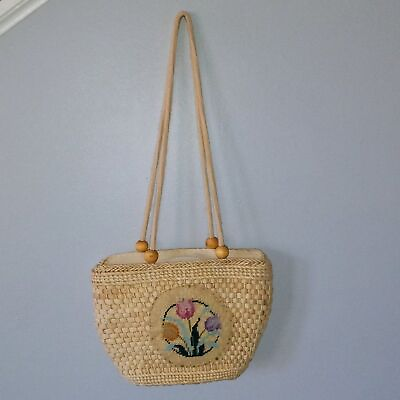 #ad Vintage Rattan Embroidered Purse Double Strap Wooden Beads Rope Straps Tulips