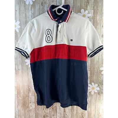 #ad Tommy Hilfiger Custom Fit Polo mens Shirt Sz L Red Blue White #8 Stripe Sleeves