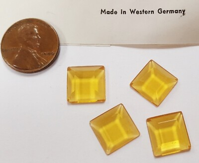 #ad 12 VINTAGE GERMAN GLASS TOPAZ 12mm. SQUARE TABLE TOP FACETED CABOCHONS 4506