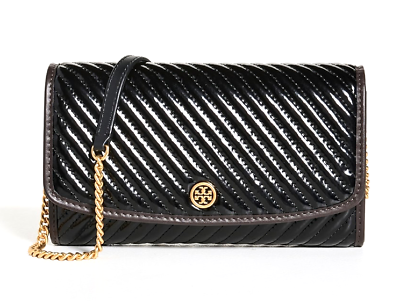 #ad #ad AUTH NWT Tory Burch Robinson Patent Puffy Quilted Chain Wallet Crossbody Black