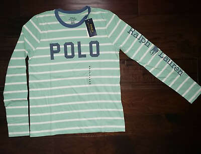 #ad NWT Polo Ralph Lauren Women#x27;s Slimming Green Striped POLO Logo Long Sleeve Tee
