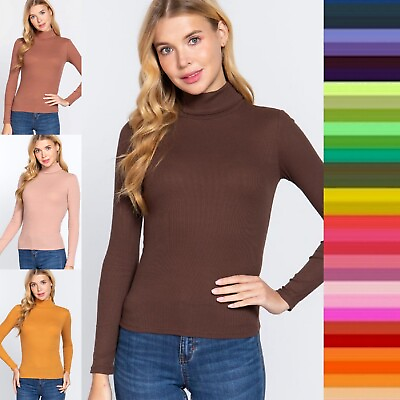 Women#x27;s Ribbed Turtle Neck Long Sleeve Top Soft Lightweight Basic Fitted Shirt