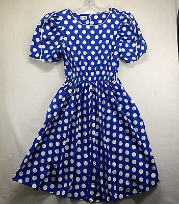#ad Vintage Polka Dot Dress Blue White Puff Sleeve 100% Cotton Size 14 Made In USA