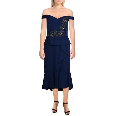 #ad Aidan Mattox Womens Blue Embellished Off the Shoulder Midi Dress 8 BHFO 9617