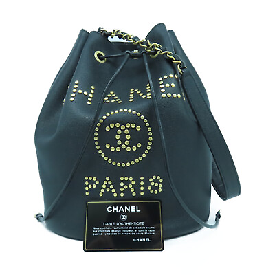 #ad CHANEL CC GHW Bucket Bag Chain Shoulder Bag Calfskin Leather Black