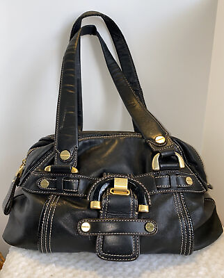 #ad B.Makowsky Black Leather Shoulder Bag Carryall Purse Buckle Gold Tone