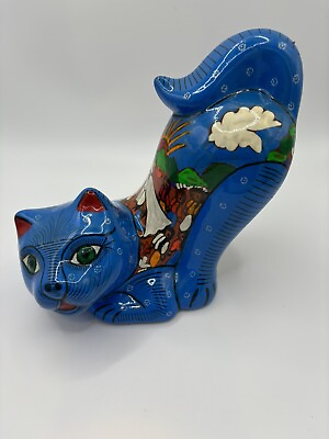 #ad Ceramic Mexican Pottery Cat figurine Unique Vintage Hand painted Blue exc. cond.