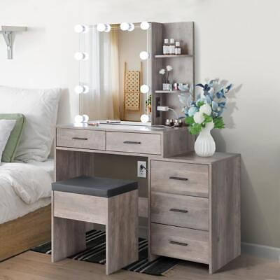 #ad Led Lighted Vanity Set with Sliding Mirror Makeup Dressing Table 5Drawer Cabinet