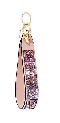 #ad Victoria Secret Pink Shine Rhinestone Monogram Logo Wristlet Strap Key Chain NWT