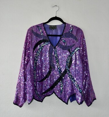 #ad Vintage Purple Silk Sequin Blouse 100% Pure Silk