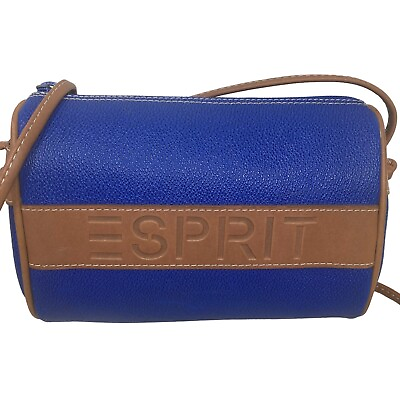 #ad Vintage 80s Esprit Messenger Bag Purse Small Blue Brown Spellout 7.5x5x3