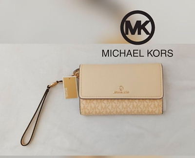 #ad Michael Kors Jet Set MK Logo Large Flap Phone Wristlet Wallet Buttermilk NWT