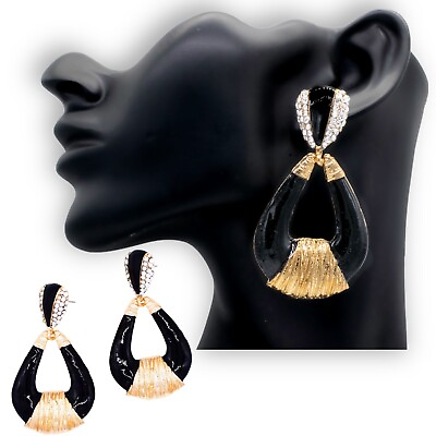 #ad NEW Black Tone Gold Crystal Long Style Ear Drop Down Dangle Chandelier Earrings