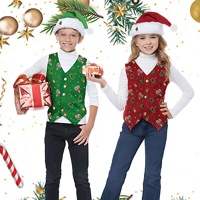 #ad Toddler Boys Girls Christmas Prints Costome Party Vest Hat Outfit Set