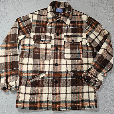 #ad Vintage Pendleton Jacket Mens Medium Brown Plaid Thick USA Wool Shacket Hunting