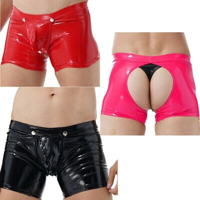 #ad Men#x27;s Shorts Wetlook PVC Leather Boxer Briefs Button Crotch Bulge Pouch Panties
