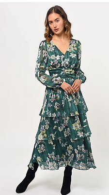#ad Greylin Victoria Tiered Green Floral Maxi Dress Size Medium