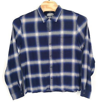 #ad Vince Shirt Mens Large Blue Plaid Rayon Silk Lightweight Long Sleeve Button Up