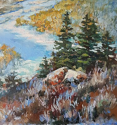 #ad Impressionist Forest Artwork Pine Trees Rustic Winter Colorado Painting Art