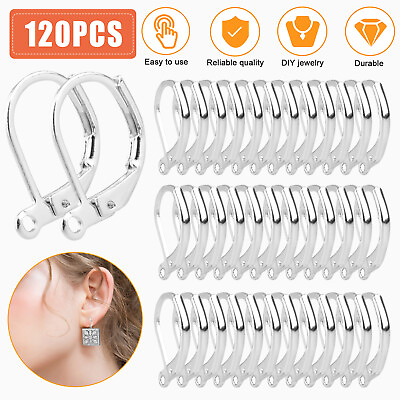 #ad 120 PCS Silver Earring Hooks Beads For DIY Jewelry Making Ear Wires Supplies Kit