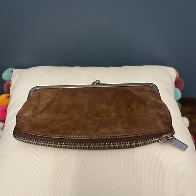 HOBO International Millie Frame Zipper Bottom Brown Leather Clutch Wallet $128