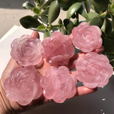 #ad 2quot; Natural Pink Rose Quartz Carved Rose Flowers Crystal reiki Healing 1pc