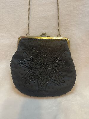 #ad Vintage Black Beaded Evening Bag Clutch Gold Chain Handle Clasp Close VGC