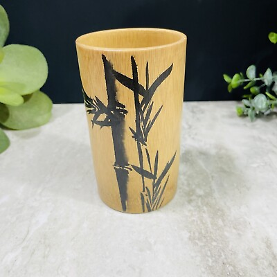 #ad Wooden Sake cup Folk craft Made in Japan Bamboo Art Ink Brush Work