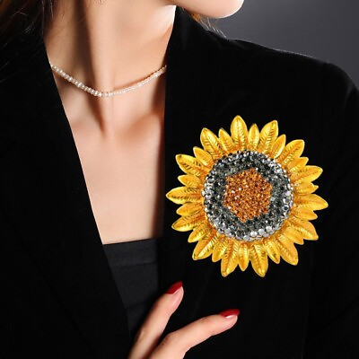 #ad Fashion Jewelry Charming Sunflower Flowers Yellow Rhinestone Crystal Brooch Pin