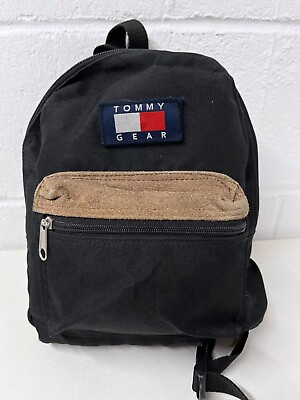 #ad Vintage 90s Tommy Hilfiger Gear Small Black Canvas Suede Backpack Vinyl Lined